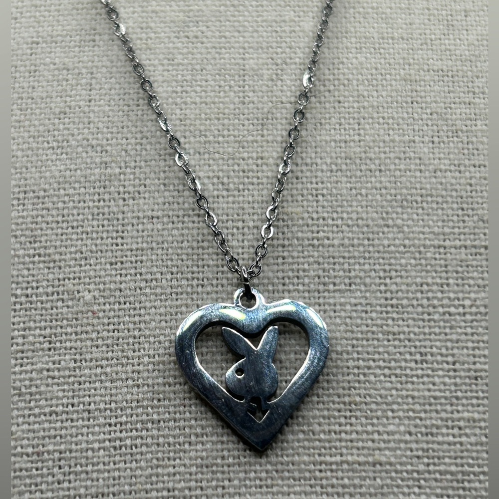 NEW PLAYBOY Cutout Heart Playboy Bunny Pendant Necklace Silver Y2K - Picture 5 of 13
